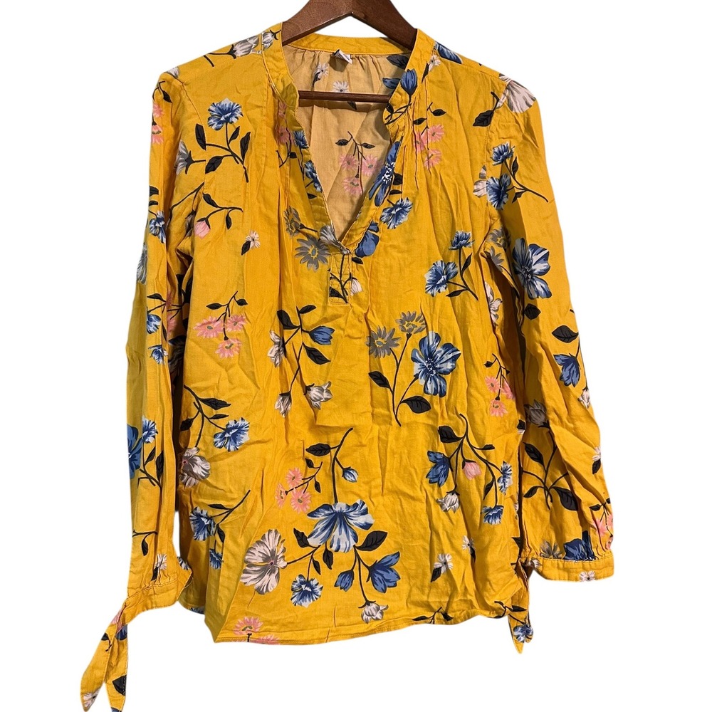 Floral Print Blouse Long Sleeve V Neck‎ Tie Cuffs Casual Top Yellow Blue